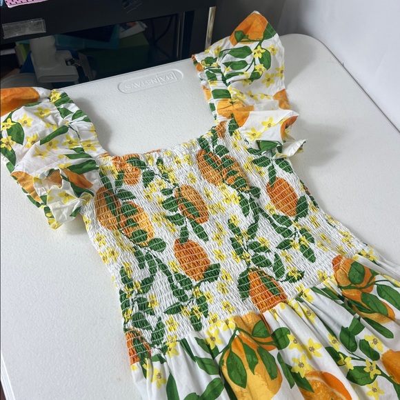 8 OAK LANE Sz M Orange Grove Smocked Tiered Dress Cotton Flutter Sleeve - Picture 12 of 13